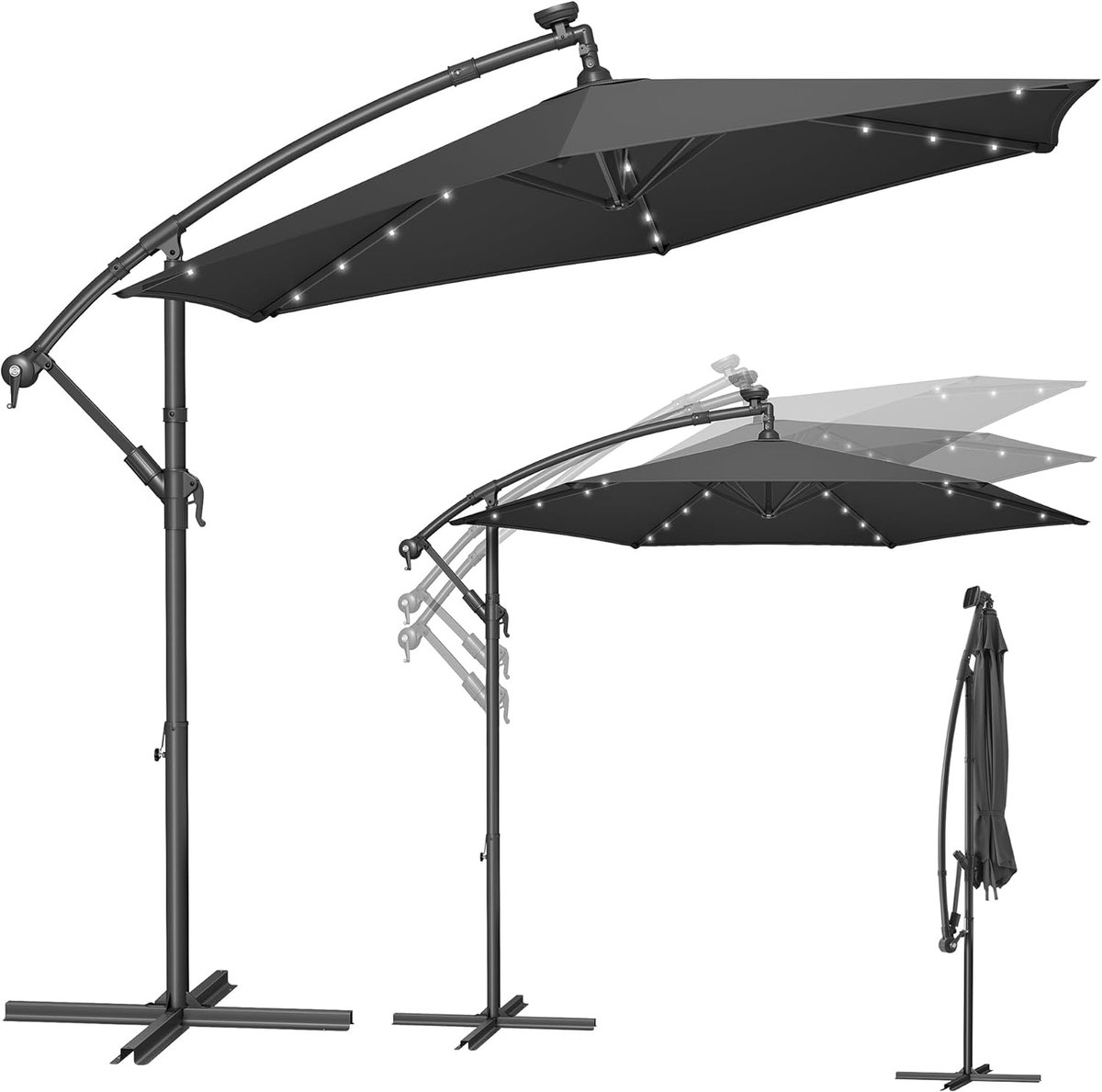 SONGMICS Parasol met LED-zonneverlichting, Cantilever Parasol 300 cm D, 32 LED-verlichting, met standaard, zonwering balkon, balkonparaplu, UPF 50+, met crank, patio, tuin, grijs GPU118G01