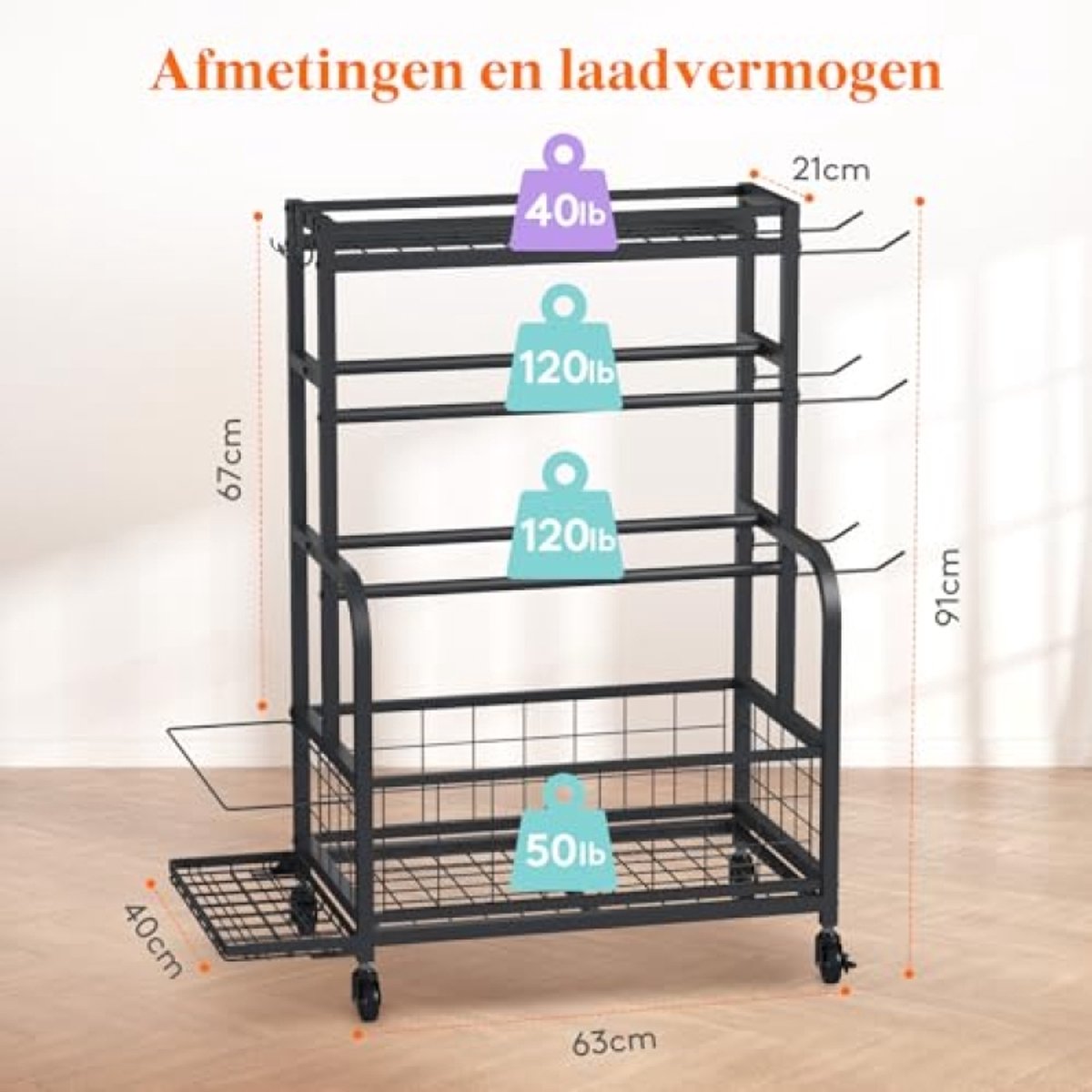 Medium Fitness Opbergrek met Wielen - Verstelbaar Gewichtenrek voor Dumbbells, Kettlebells, Yogamatten en Accessoires - Tot 272 kg Draagvermogen - Voor Thuisgym, Garage of Fitnessruimte – foto 5