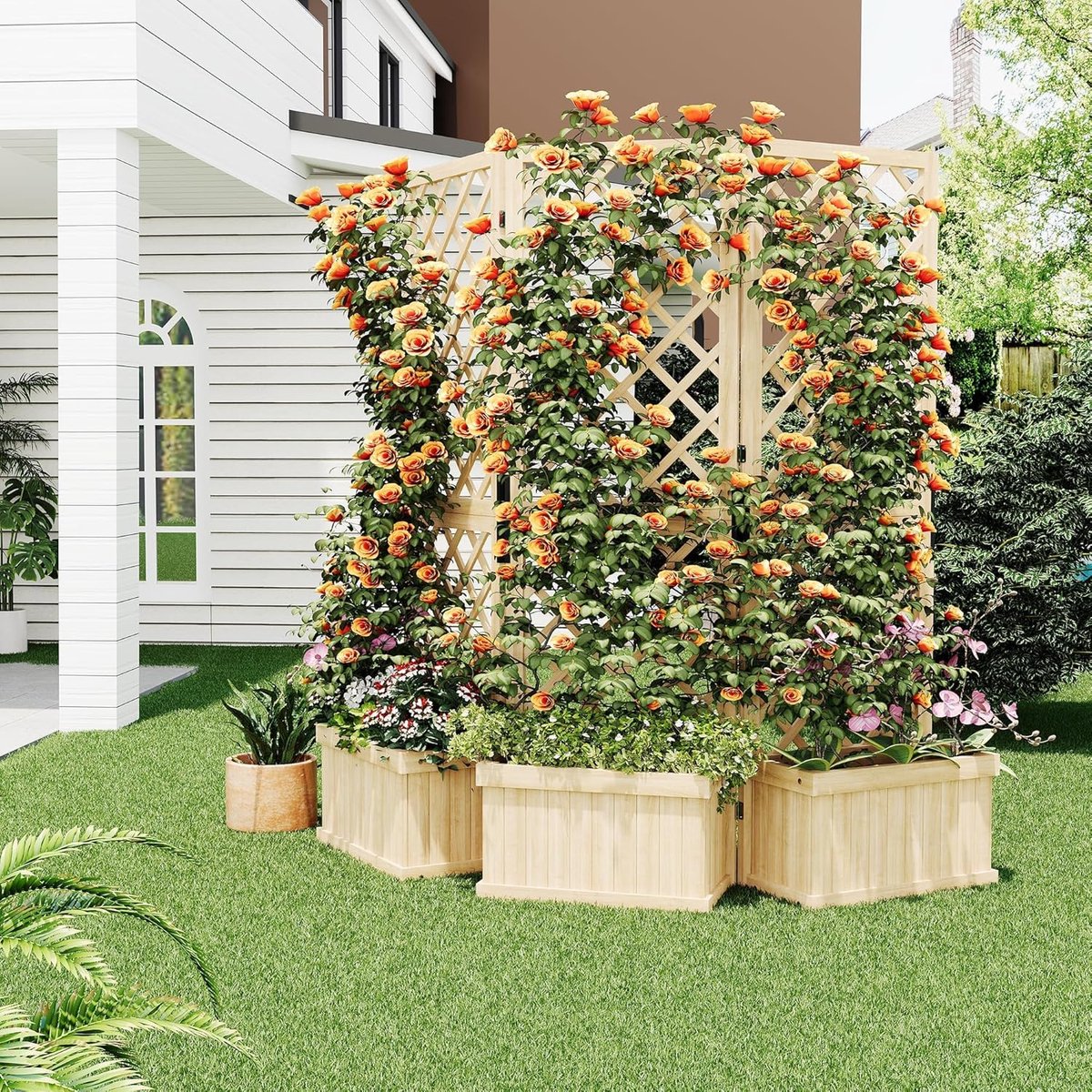 Houten plantenbak met latwerk - 3-delig privacyscherm voor in de tuin - Verhoogde plantenbakken - voor groenten, bloemen en klimplanten 165×157×26 cm - Natuurlijk hout