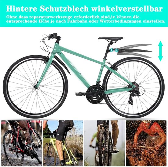 Groene fiets met verstelbare achterspatbordenset. Toont de effectiviteit bij modderig terrein.