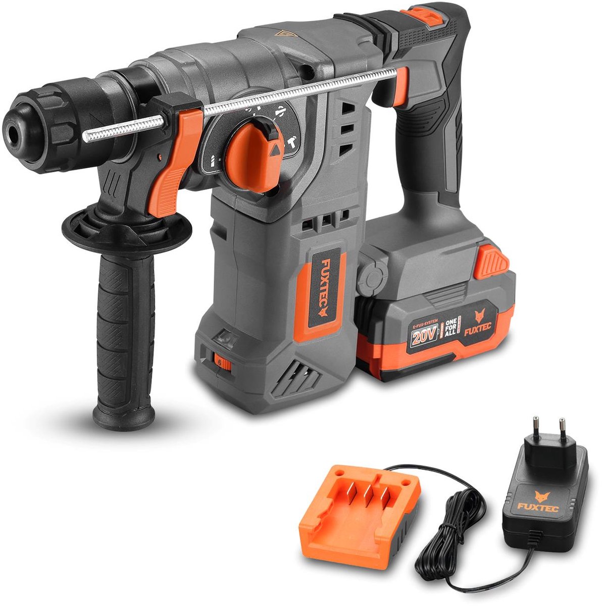 FUXTEC 20V Accu Boorhamer FX-E1RH20-SET – 950 t/min met 2 Draairichtingen – Extra Handgreep – Instelbare Boorstand – Incl. Accu en Oplader