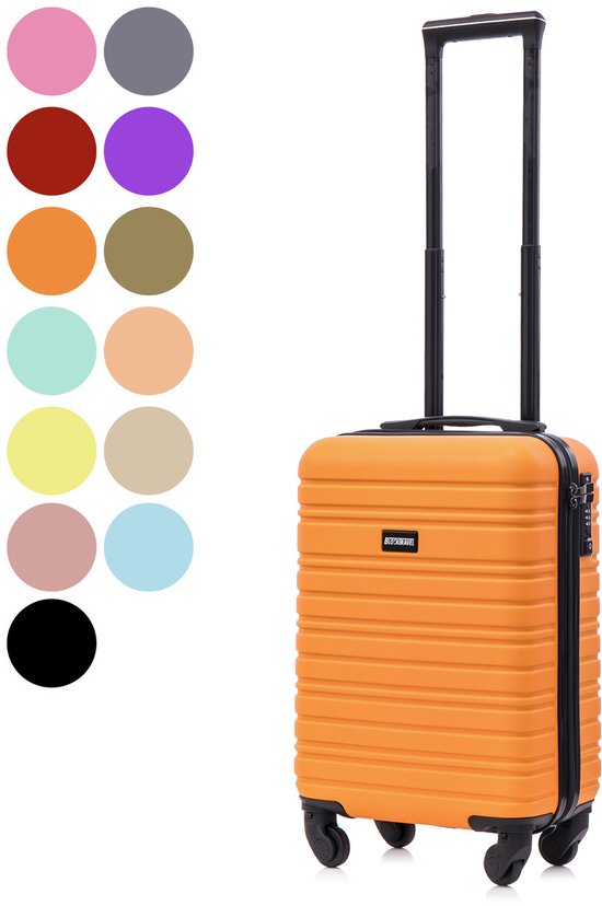 Orange handbagage koffer met uitschuifbaar handvat, vier wielen en naastgelegen kleurenpalet.