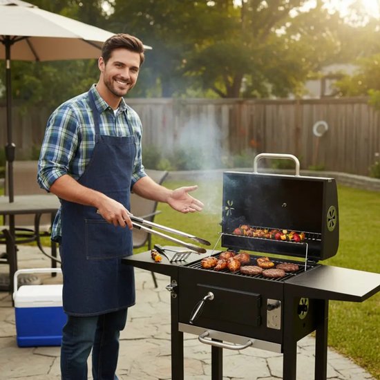 Klausberg Houtskoolbarbecue met Deksel en Thermometer - 42 x 30 cm - Verrijdbare BBQ met Zijtafels van Merkloos — afbeelding 3