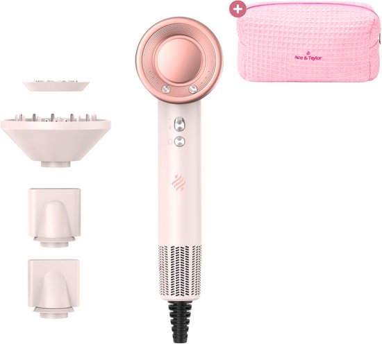 Ace & Taylor PrecisionAir High Speed Föhn - Ionische Haardroger met Diffuser - 1400W BLDC motor - Krachtige Luchtstroom - 3 Warmte- & 3 Snelheidsstanden - 5 Magnetische Opzetstukken - Lichtgewicht - Pink (HB232)