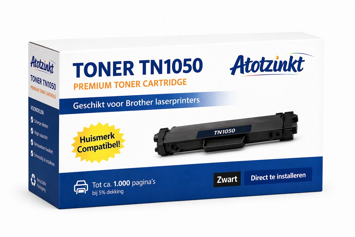 AtotZinkt Premium Toner Cartridge voor Brother TN-1050 XL BK Zwart (2000 afdr)  (1 stuk) geschikt voor printers Brother DCP-1510 DCP-1511 DCP-1512 DCP-1610 W DCP-1612 W HL-1110 HL-1111 HL-1112 HL-1210W HL-1212W MFC-1810 MFC-1811 MFC-1910 W