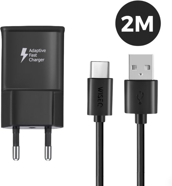 WISEQ Oplader voor Samsung inclusief USB C oplaadkabel - 2 meter - Smart Fast Charger – zwart
