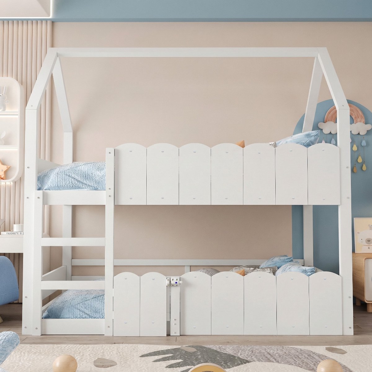 VVBV Huisbed Kinderbed Stapelbed 90x200 cm - Wit Houten Hoogslaper met Uitvalbeveiliging & Lattenbodem - Voor Jongens & Meisjes