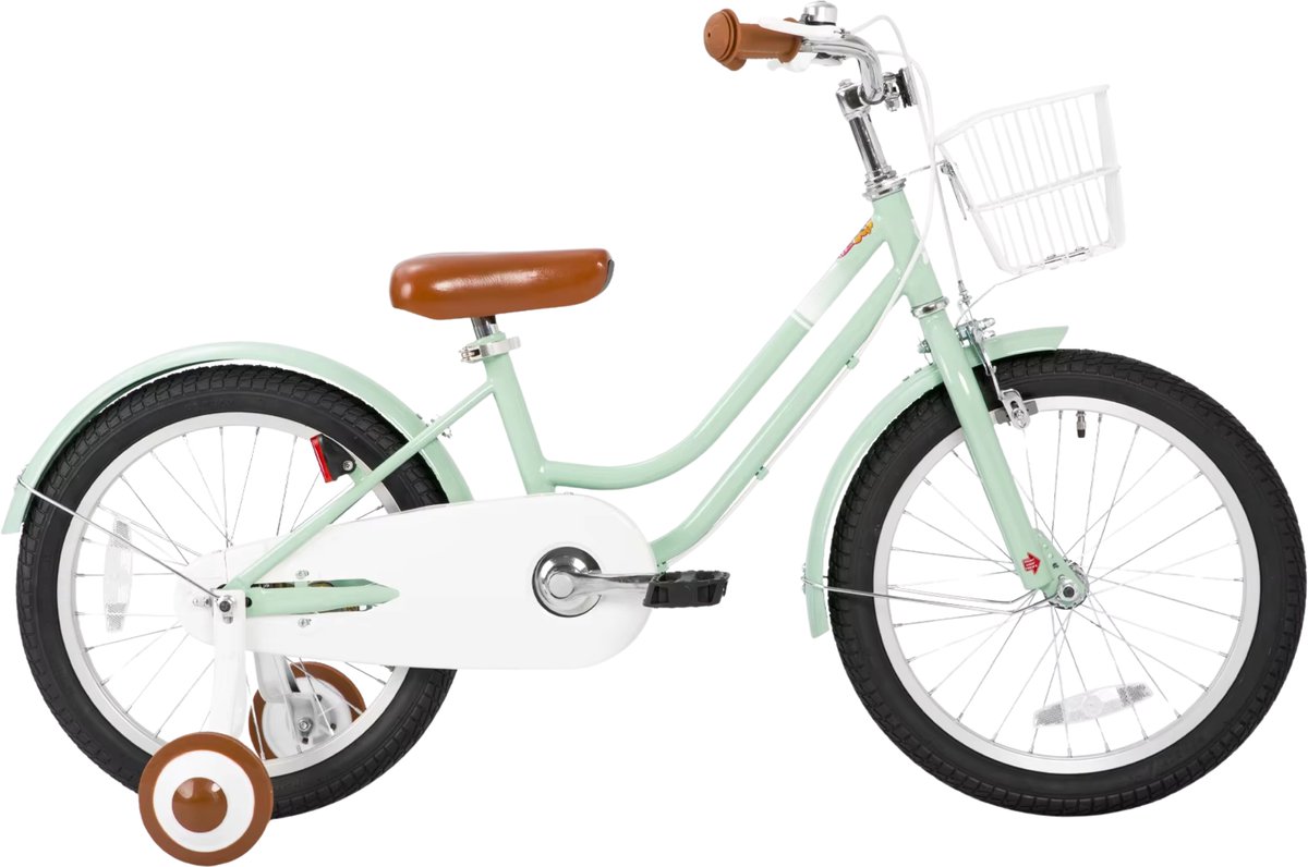 Happiq Kinderfiets – Voor beginners kinderen – Met d spatborden volledige kettingkoffer en zijwieltjes – Groen 36 cm