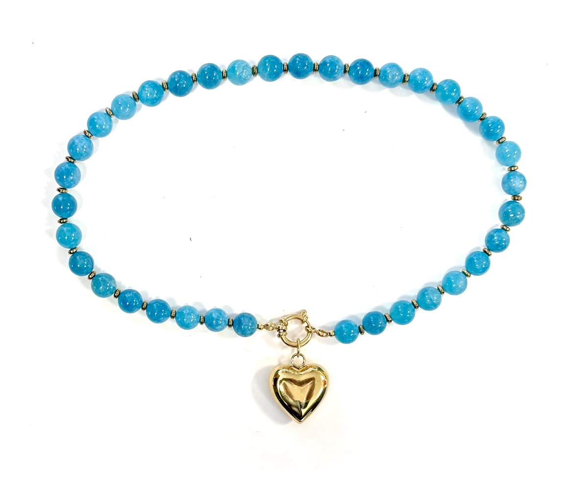 Ketting aqua blauwe amazoniet kralen 10mm /hart goud