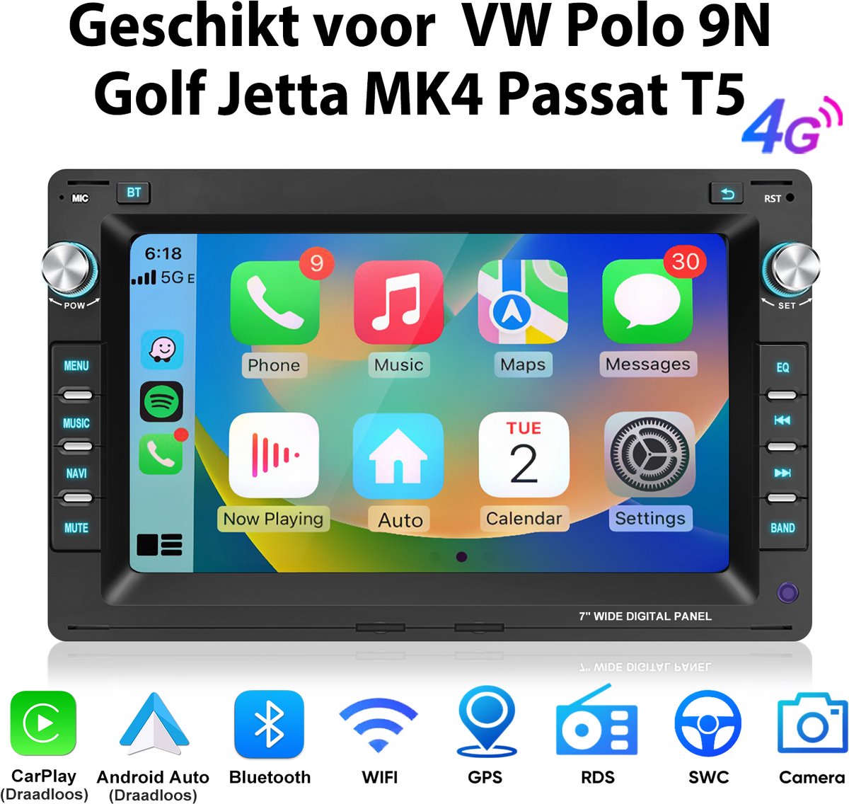 JUNSUN Android 15 Autoradio - Geschikt voor VW Polo 9N Golf Jetta MK4 Passat T5 - 6+128 GB - Draadloos Carplay & Android Auto Met Bluetooth- GPS-navigatiesysteem, 7 Inch HD TouchScreen, WiFi, Stuurwielbediening, 4G, RDS & FM, DSP, Octa-core processor