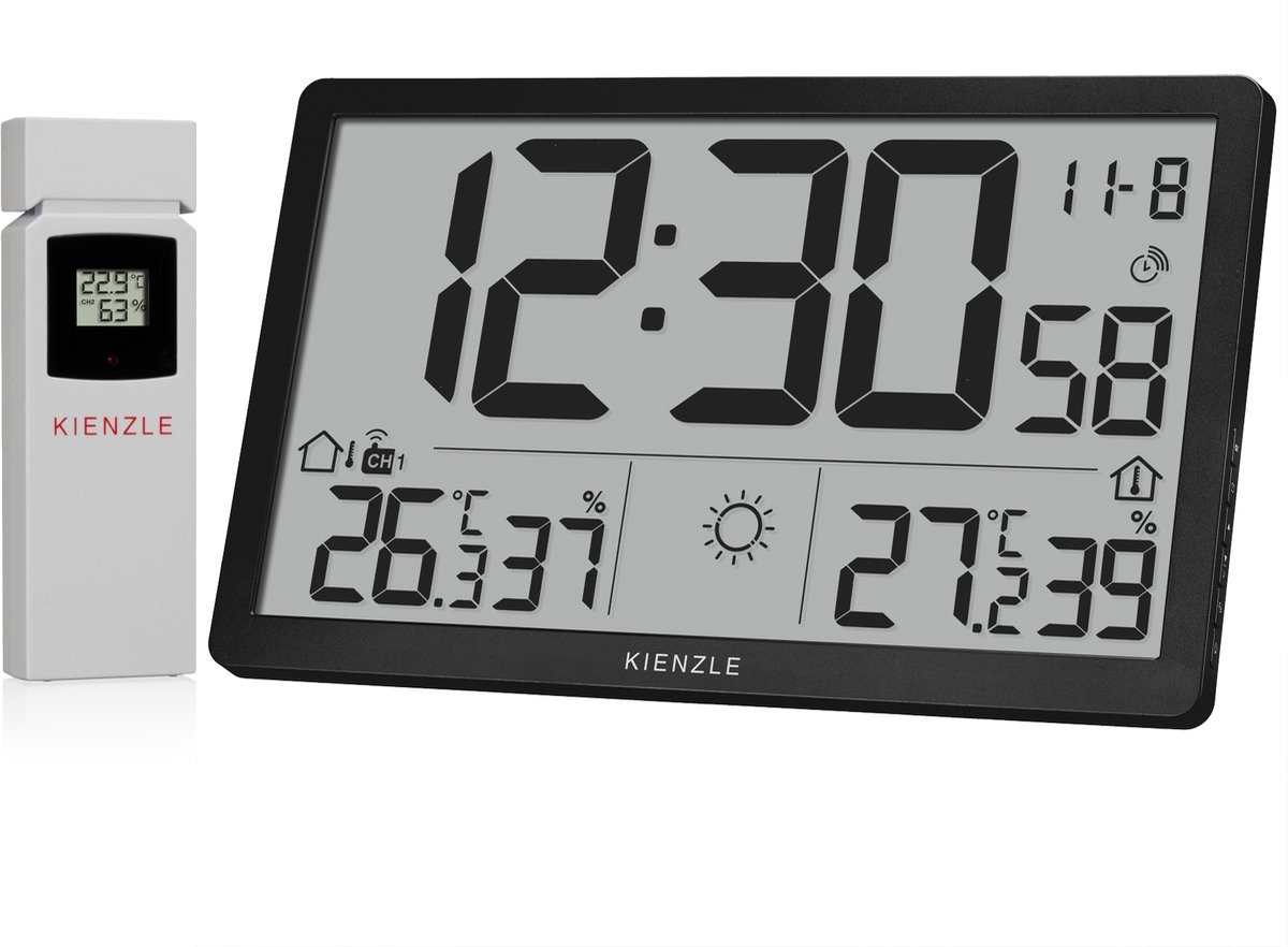 KIENZLE Jumbo NEO LCD - Wandklok met Weerstation - Zwart - Radiografisch