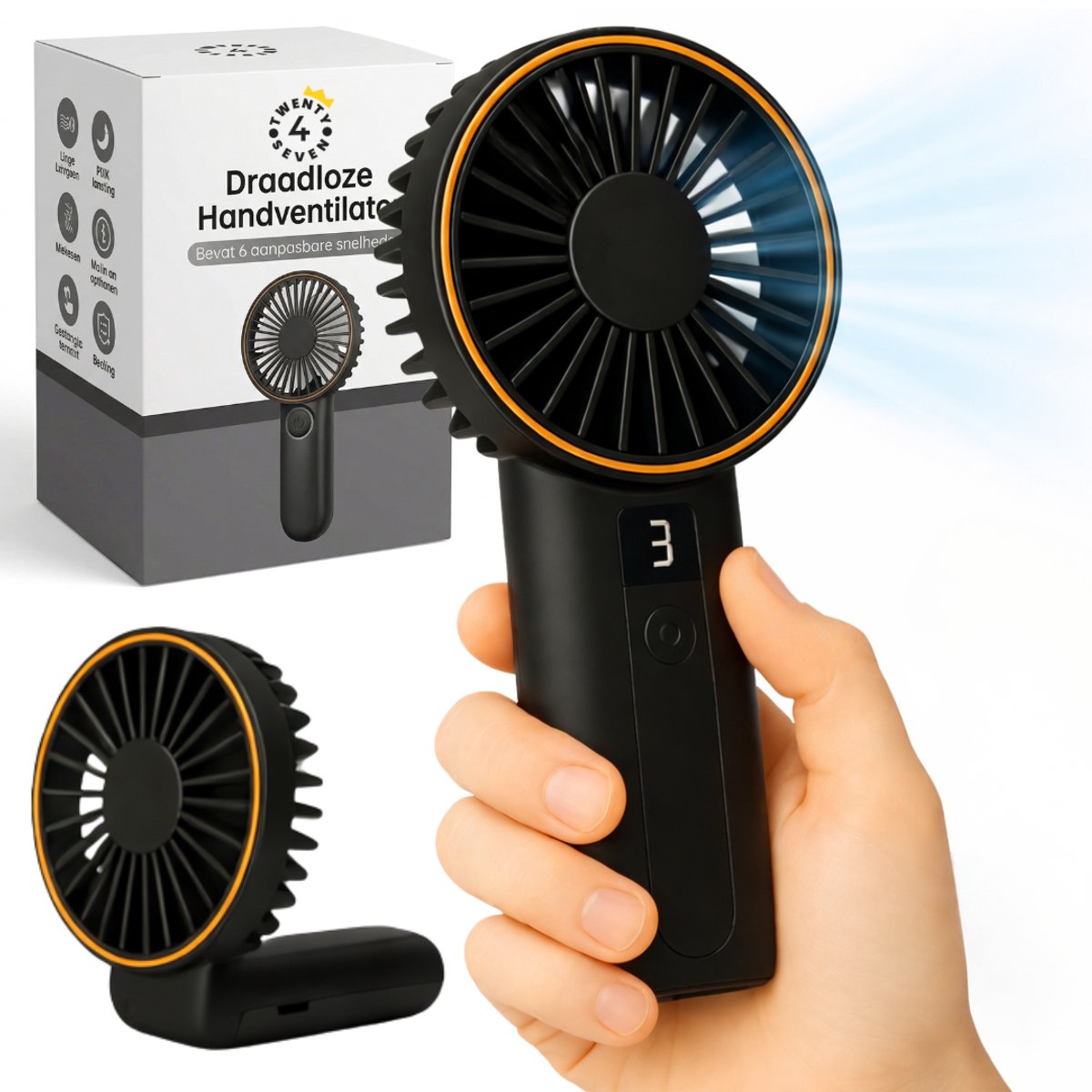 Twenty4seven® Handventilator Pro - Draagbare Ventilator Oplaadbaar - Hand Tafelventilator Draadloos - Waaier Handwaaier - Zwart - Mini Fan met 6 Standen