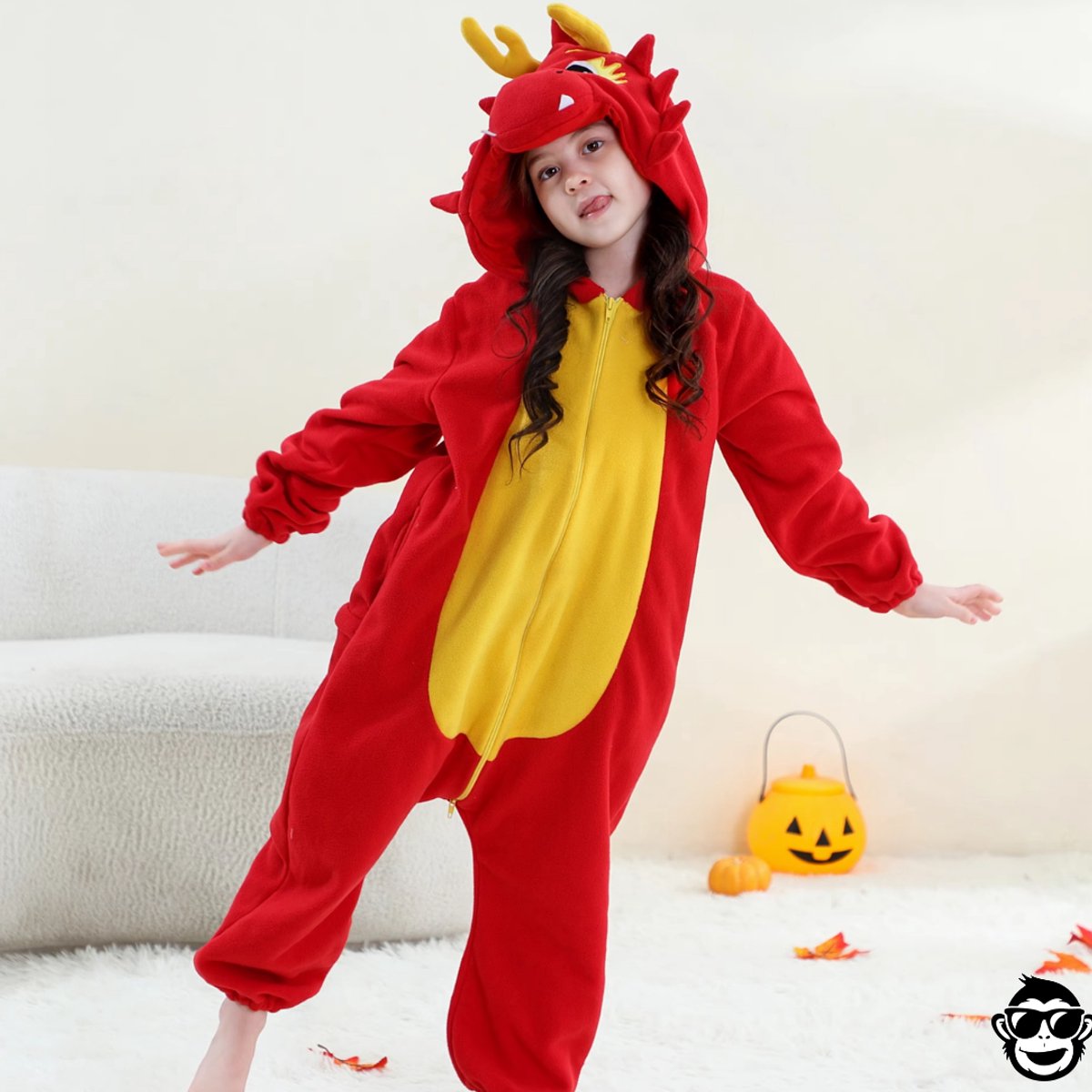 BoefieBoef Dieren Onesie Chinese Draak voor Kinderen 5-8 Jaar – Pyjama Dieren Verkleedpak – Warme Flanel Jumpsuit met Capuchon – Knuffelpak & Huispak – Zwemles – Carnaval, Halloween & Sinterklaas Cadeau – Jongens & Meisjes - Rood Geel — afbeelding 6