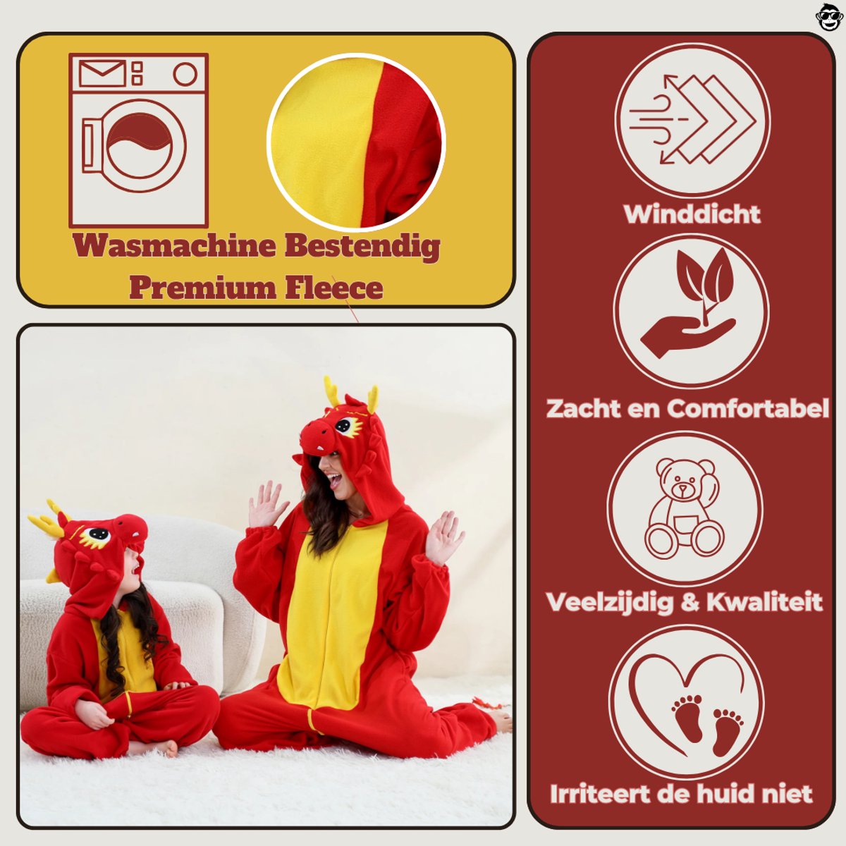 BoefieBoef Dieren Onesie Chinese Draak voor Kinderen 5-8 Jaar – Pyjama Dieren Verkleedpak – Warme Flanel Jumpsuit met Capuchon – Knuffelpak & Huispak – Zwemles – Carnaval, Halloween & Sinterklaas Cadeau – Jongens & Meisjes - Rood Geel — afbeelding 2