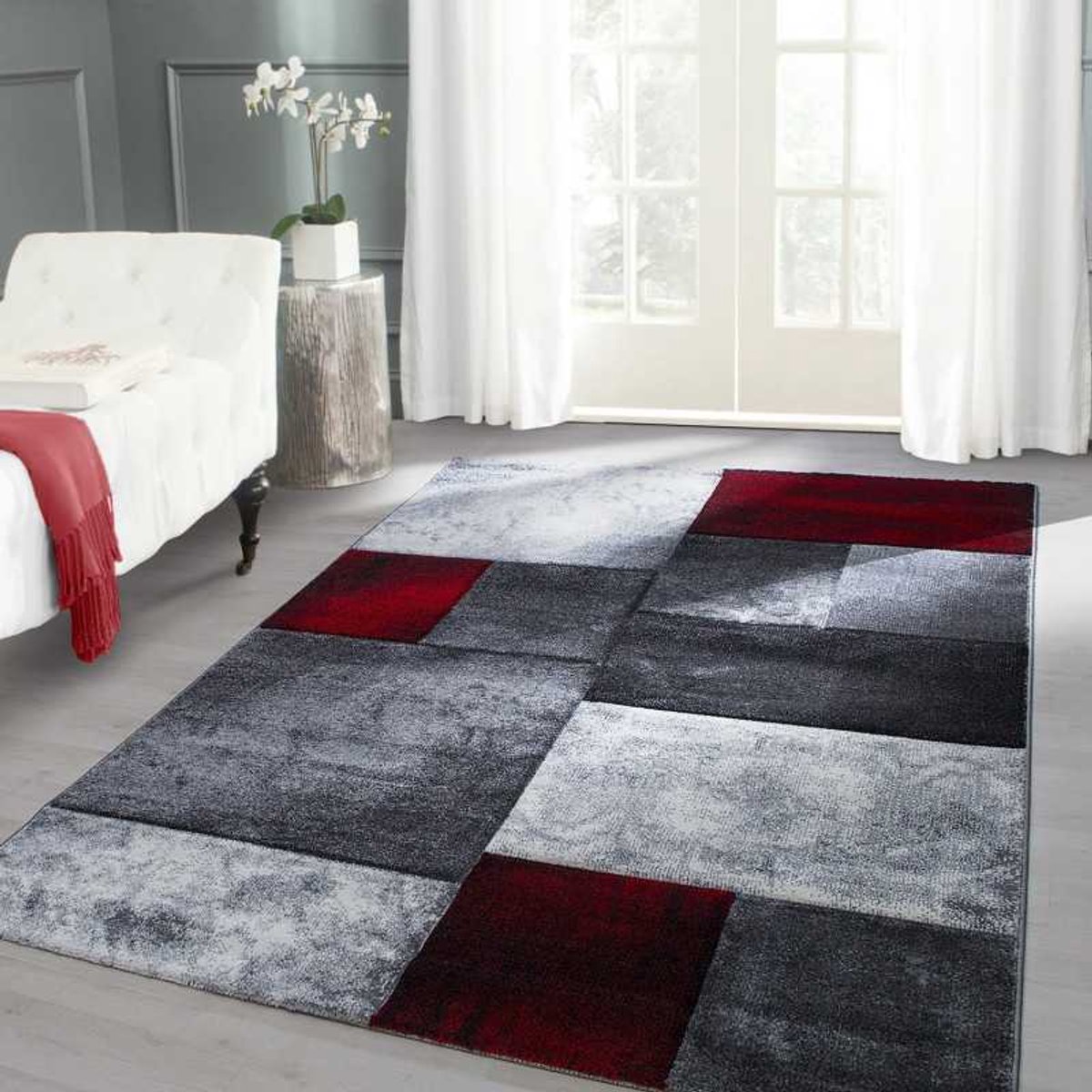 TapisTrend Designer tapijt Zwart-Grijs-Wit-Rood 200x290 cm Modern 3D- met contourgesneden design, Hawaii 1710