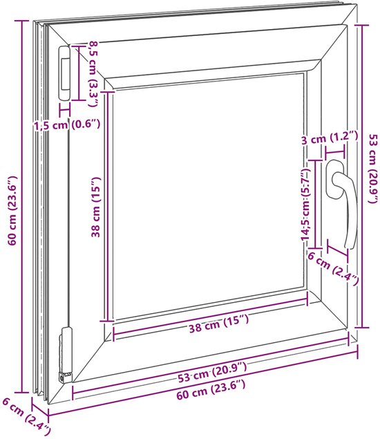 Afmetingen van een wit PVC-raam, met afmetingen in centimeters en inches voor hoogte, breedte en diepte.