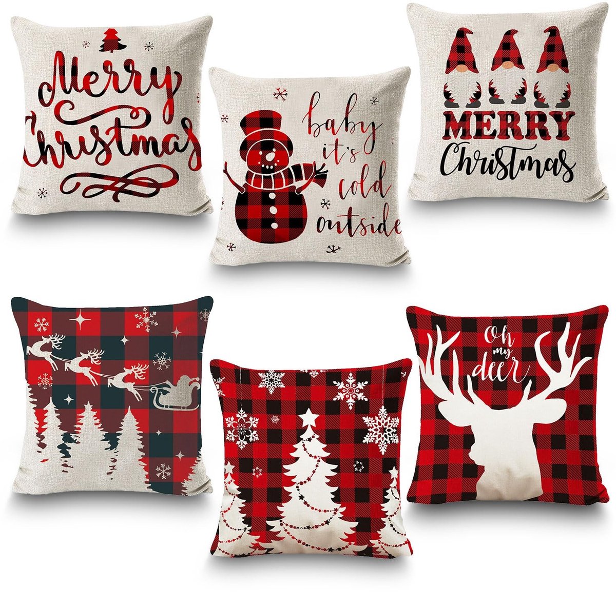 Kerst Kussenhoezen 50x50 cm - Set van 6 Geometrische Linnen Covers