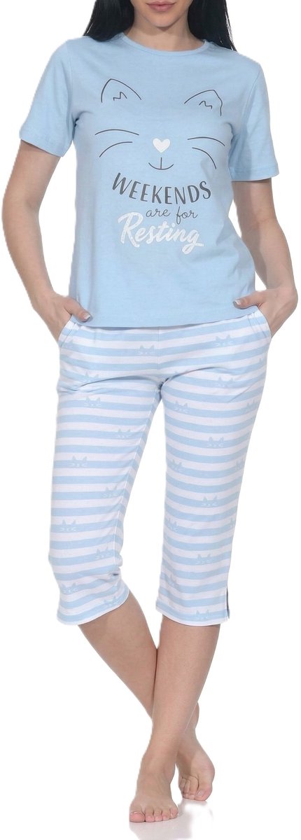 Normann dames capri pyjama met korte mouwen in kattenlook – ook in grote maten hellblau