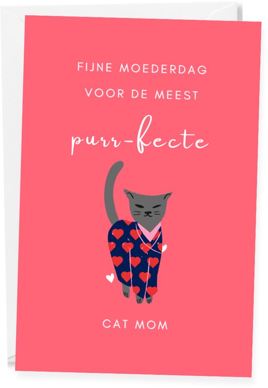 Roze Moederdagkaart met een grijze kat in een hartjespyjama en de tekst: Fijne moederdag voor de meest purr-fecte Cat Mom.