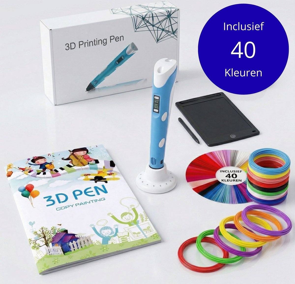 3D Pen-3D pen starterspakket-Inclusief 129 Meter Filament in 40 kleuren - Boek met 40 bladzijden met sjablonen en herbruikbaar transparant overtrekvel- Oplader - Penhouder - blauw