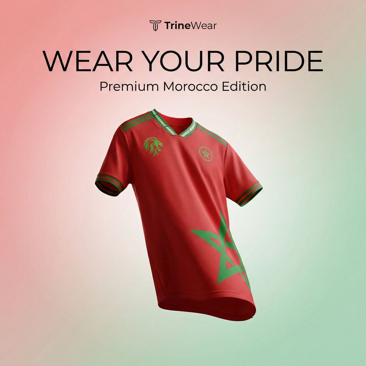 Trinewear WK T-shirt “Atlas Lions Script” – Marokko geïnspireerd, unisex, rood, limited edition L