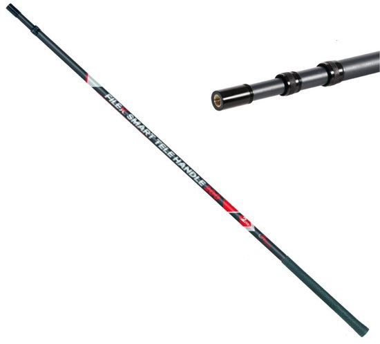 Grijze telescopische schepnetsteel van 200cm met rode en witte tekst 'FILEX SMART TELE HANDLE PRO'.