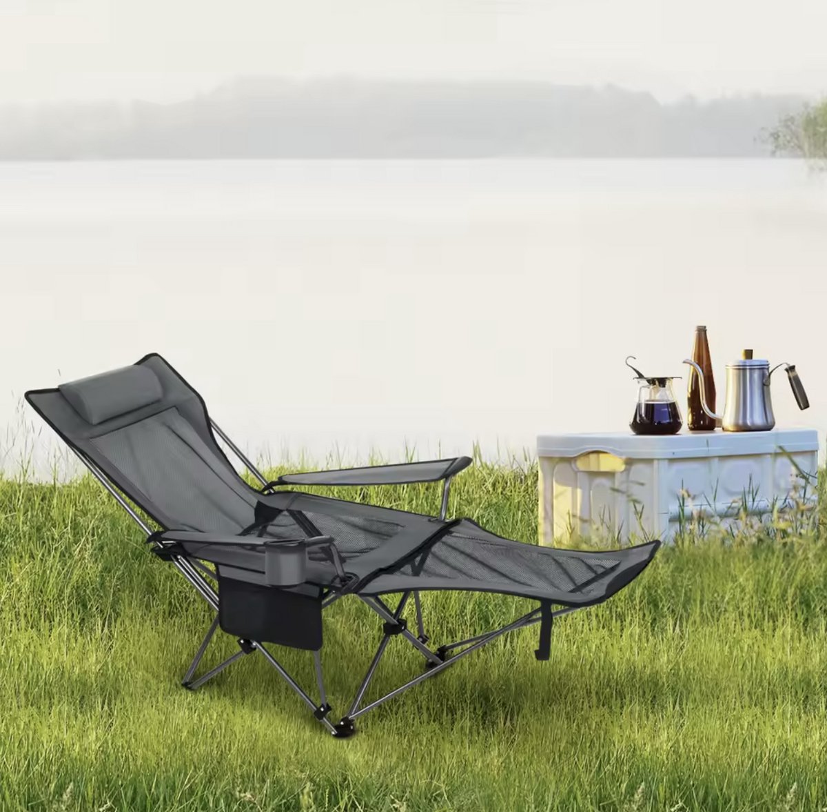 Ligstoel - Ligbed - Camping Stoel - Luxe Ligstoel - Loungestoel - Stoel voor Buiten - Klapstoel Camping - Opvouwbaar - Met Afneembare Voetsteun - Incl Bekerhouder - Incl Draagtas - Verstelbare Rugleuning - Grijs — cadeau in Sport & Outdoor - foto 5
