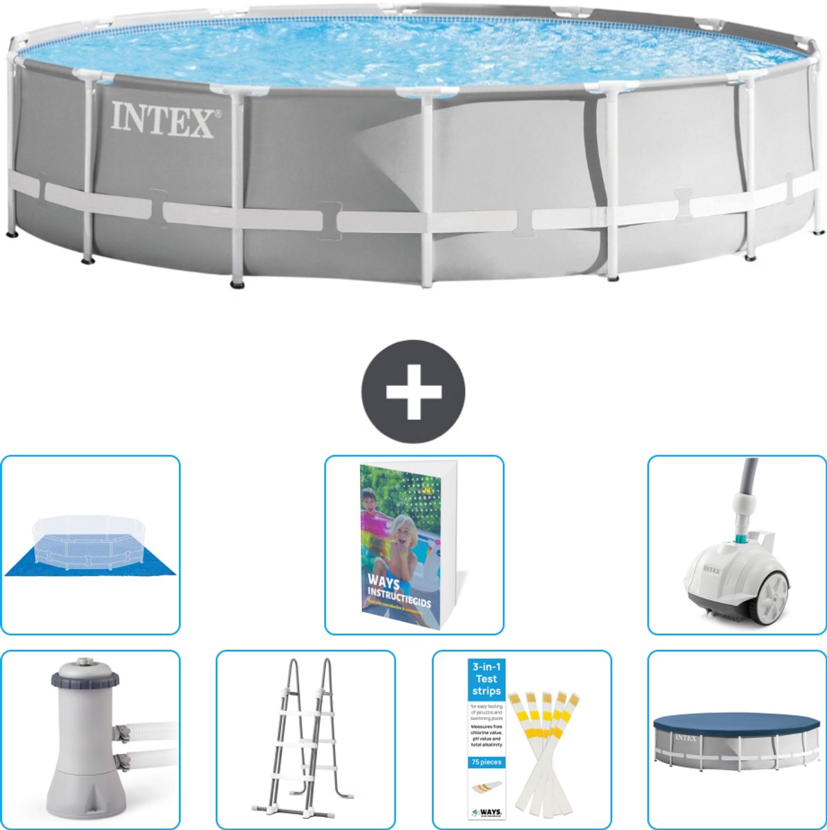 Intex Rond Prism Frame Zwembad - 427 x 107 cm - Grijs - Inclusief Pomp - Ladder - Grondzeil - Afdekzeil Stofzuiger - 8-delig