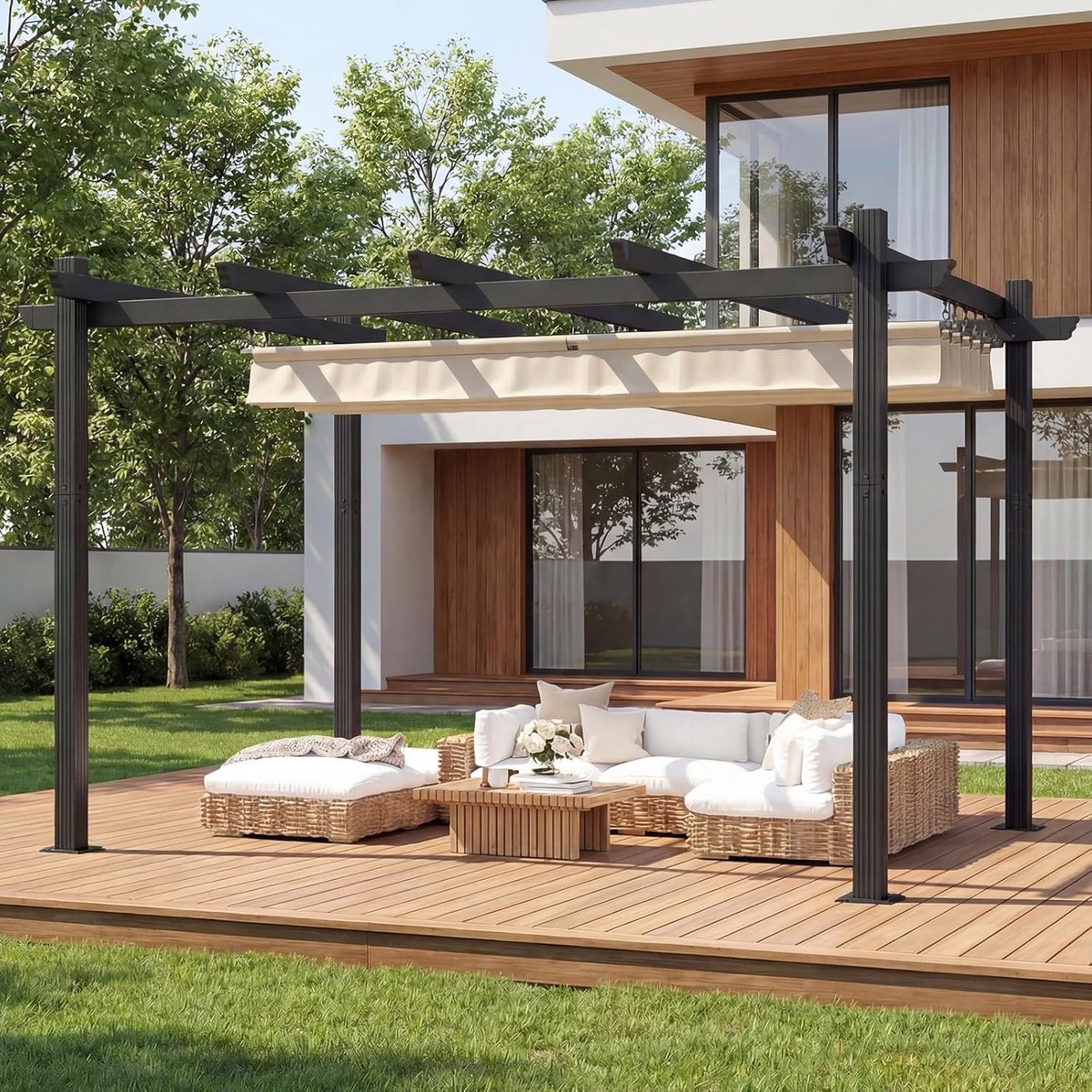 Pergola Paviljoen 3x4m met Schuifdak – Waterdicht UV-bestendig Aluminium Tuinoverkapping met Verstelbare Zonwering – Luxe Terrasoverkapping Beige – Laura