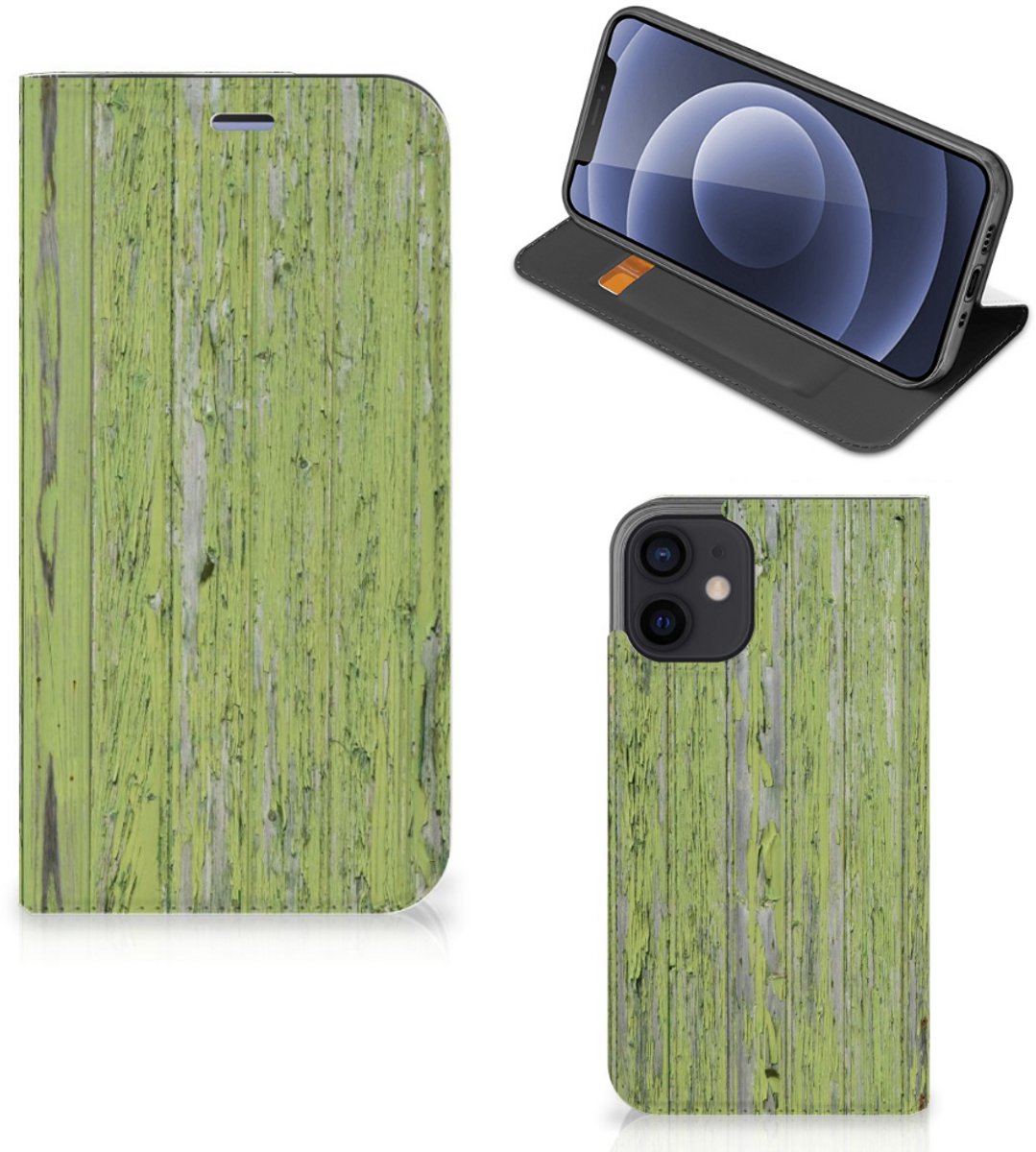 iPhone 12 Mini Book Wallet Case Green Wood