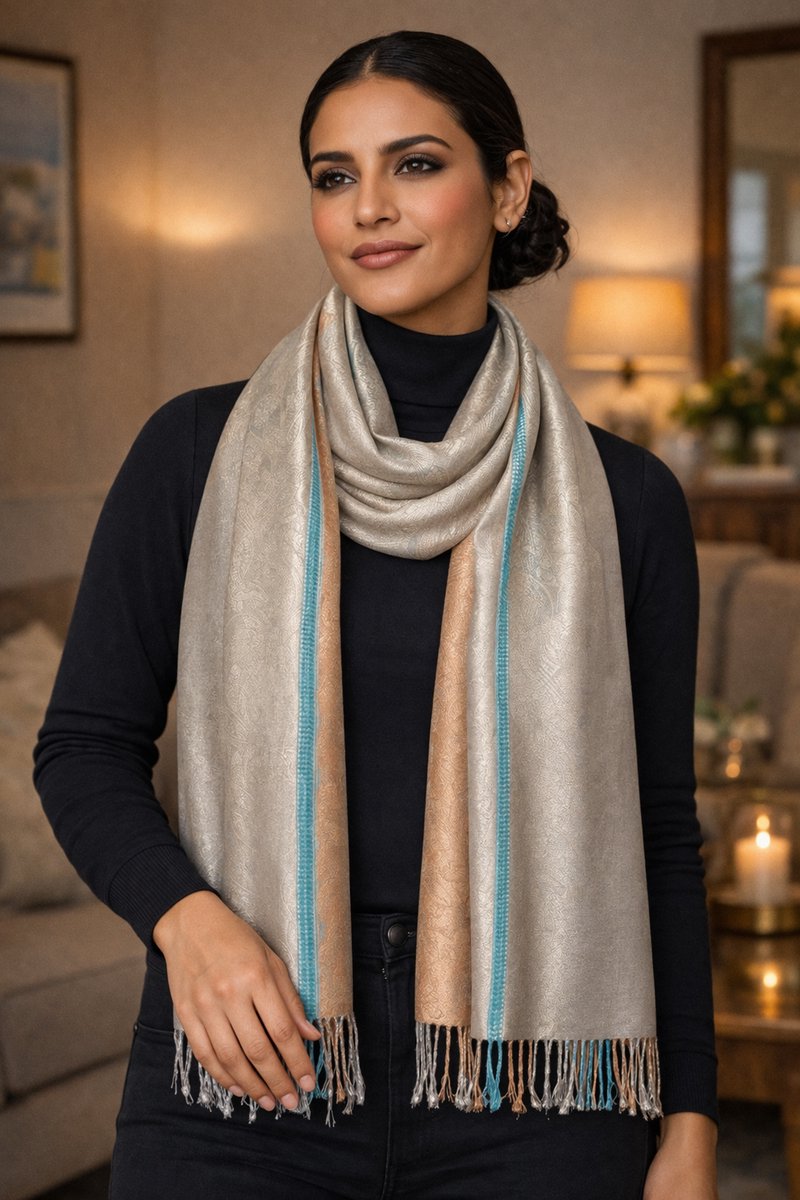 Pashmina Sjaal – Stijlvolle Sjaal Dames Zachte – Dames Sjaal met Paisley Motief – Twee‑Kleurige Elegante Herfst Winter Sjaal- Fashion Sjawl – Fijn geweven Pareo Omslagdoek 207/2- Camel, Beige met turquoise details
