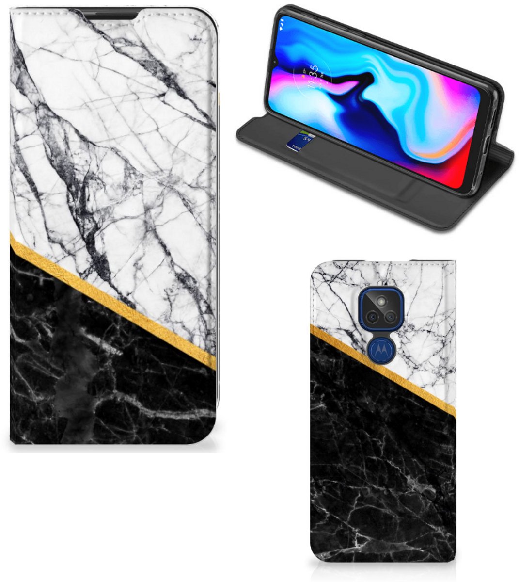 Motorola Moto G9 Play Standcase Marmer Wit Zwart - Origineel Cadeau Man