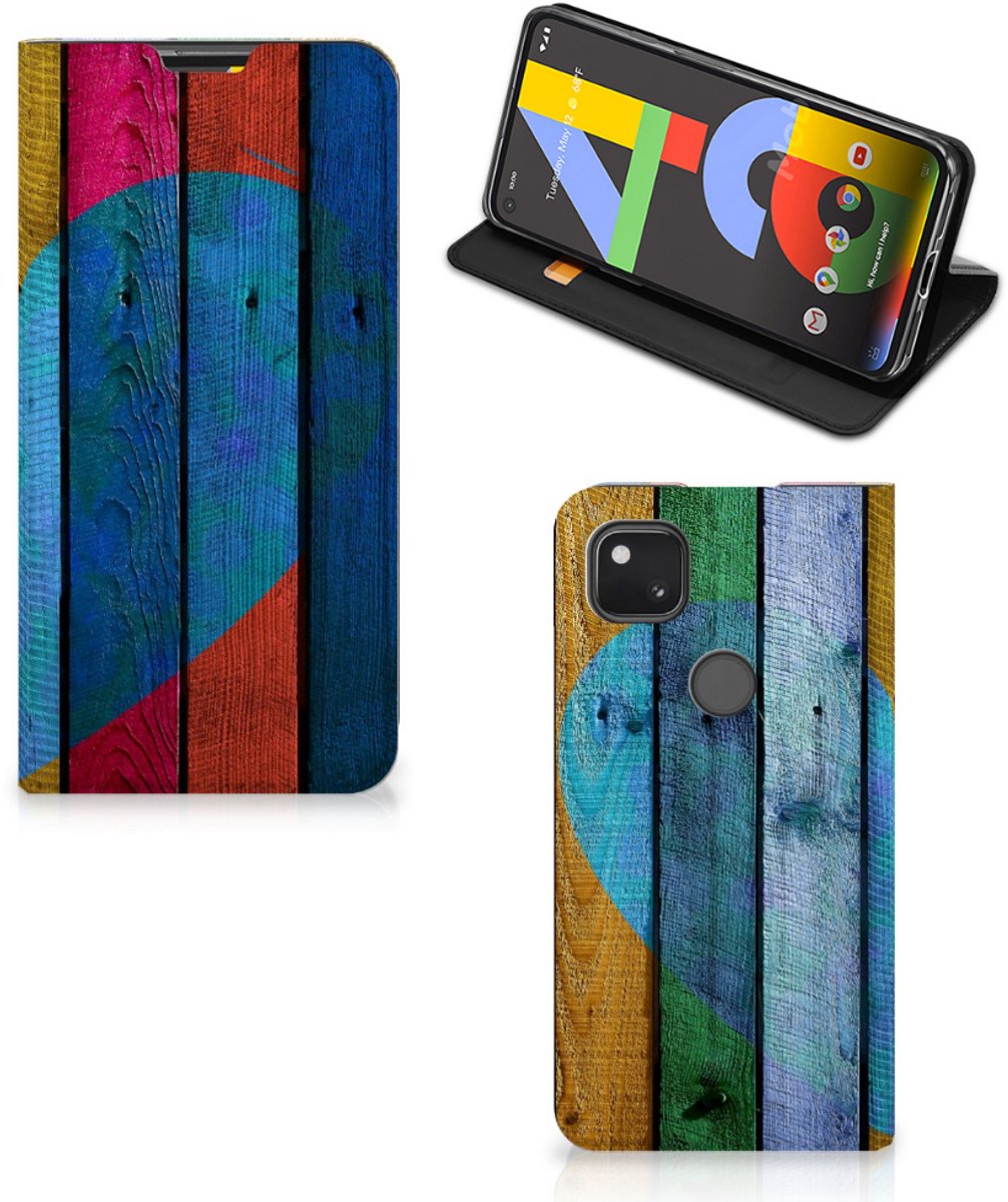 Google Pixel 4a Book Wallet Case Wood Heart - Cadeau voor je Vriend