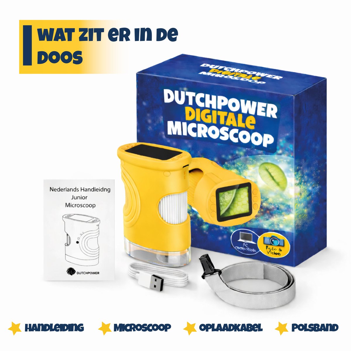 DUTCHPOWER Digitale Microscoop 1000x-4K-voor Kinderen – Draagbare Handmicroscoop met Foto & Video – STEM Educatief Speelgoed voor Ontdekken in Tuin en Natuur – Geschikt voor 4 t/m 12 jaar-Geel — afbeelding 4