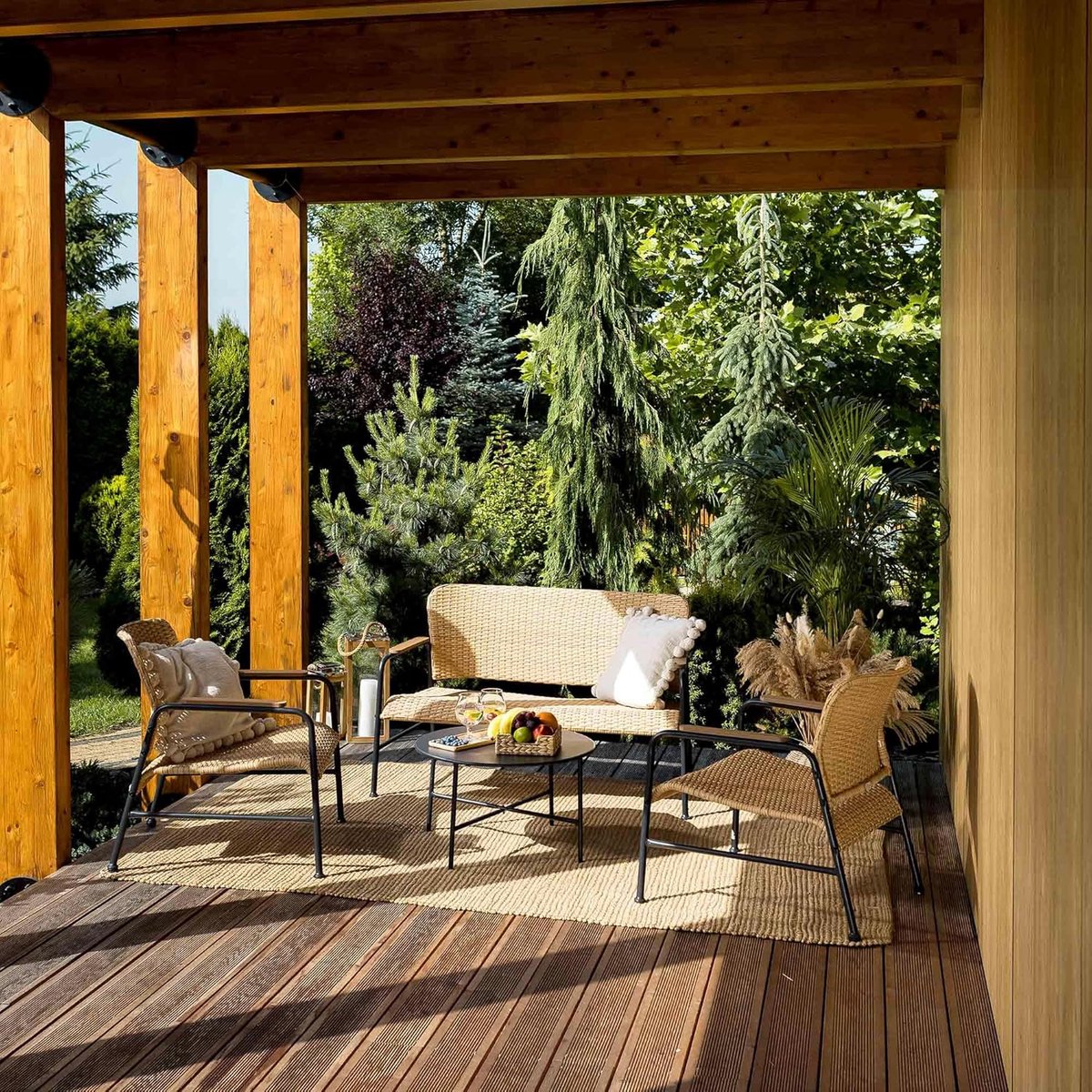 Tuinset 4 personen met 2-zitsbank, stoelen en salontafel – Polyrotan loungeset met kussens en fleecedeken, weerbestendig – Boho tuinmeubelset beige – Urbanhome