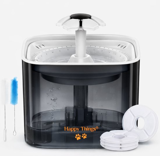 Happy Things - Drinkfontein Hond en Kat - Geruisloos - 2.5 L - Transparant Zwart met Goud - incl 4 Filters