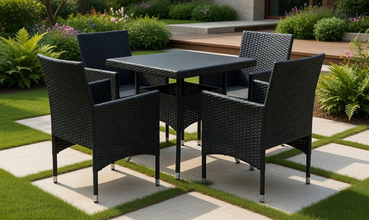 Luxe 5-delige Tuinset – Polyrotan Eettafelset met Zwart Glas – Weerbestendige Balkon & Terras Meubelen inclusief Comfortabele KussensMedahomestore
