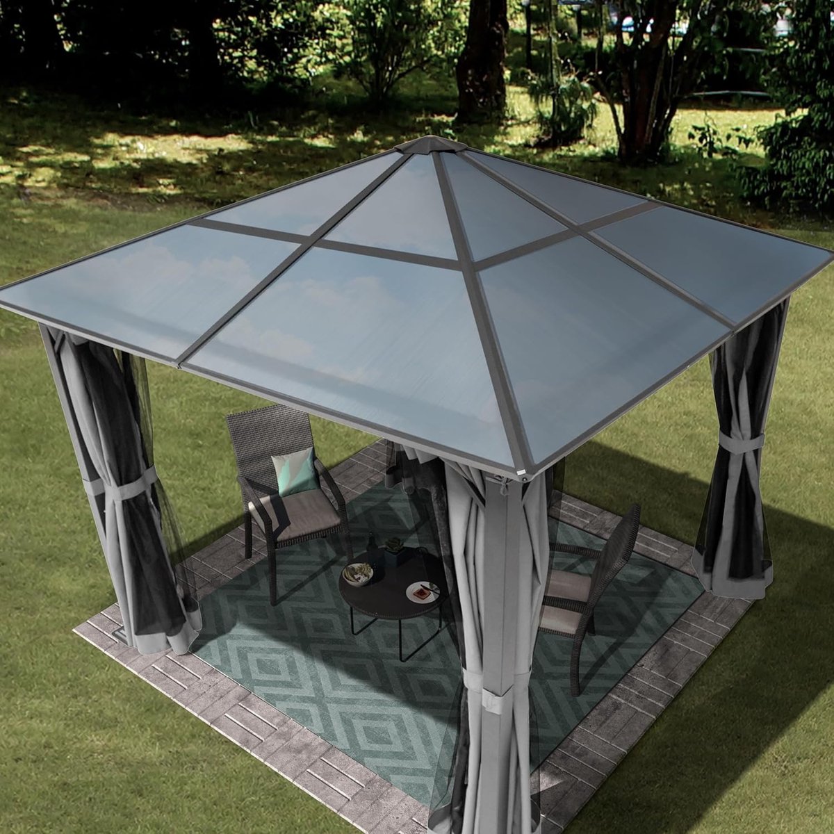 Tuinpaviljoen 3x3 m Hardtop Aluminium met Polycarbonaat Dak 6 mm – Waterdicht, UV50+, Inclusief Zijpanelen en Muggennetten, Winterbestendig Grijs – Laura