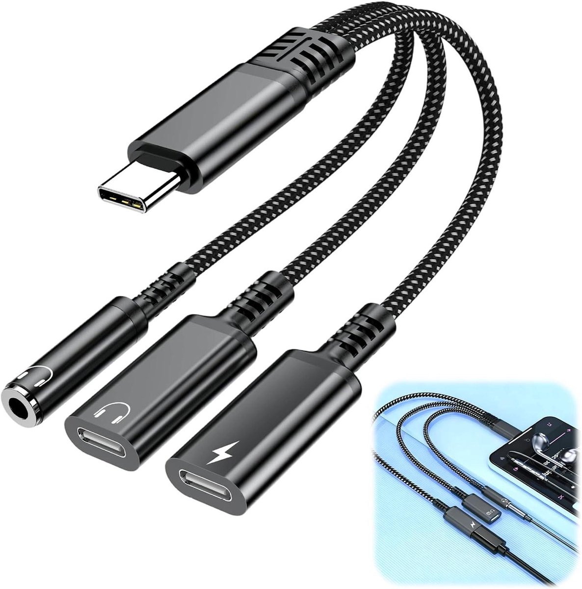 USB C Adapter - Audio Splitter - Muziek en Laden - 3 Functies - 135 cm - Grijs
