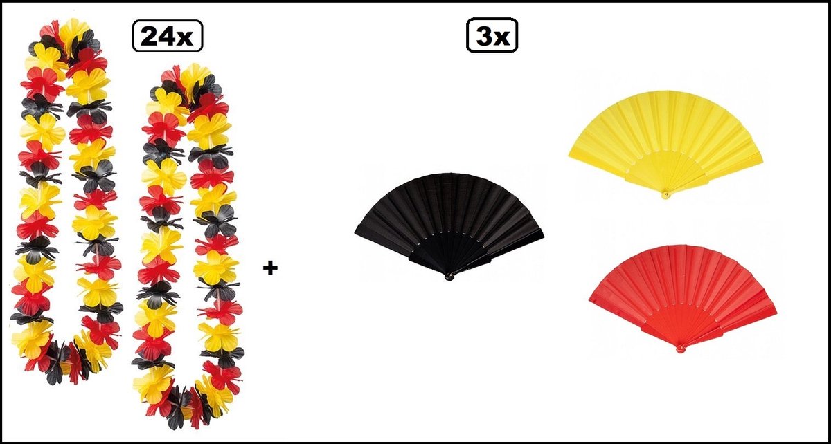 24x Hawaikrans zwart/geel/rood + 3x Waaier zwart/geel/rood - Tropical party WK Voetbal festival thema feest beachparty hawaii slinger