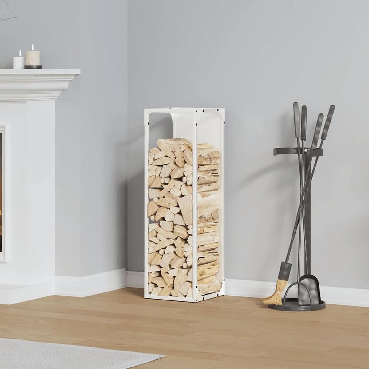 Gecheer Brandhoutrek wit, 25 x 25 x 80 cm, koudgewalst staal, haardhoutrek voor binnen en buiten, kampvuur, camping, reizen, 864264