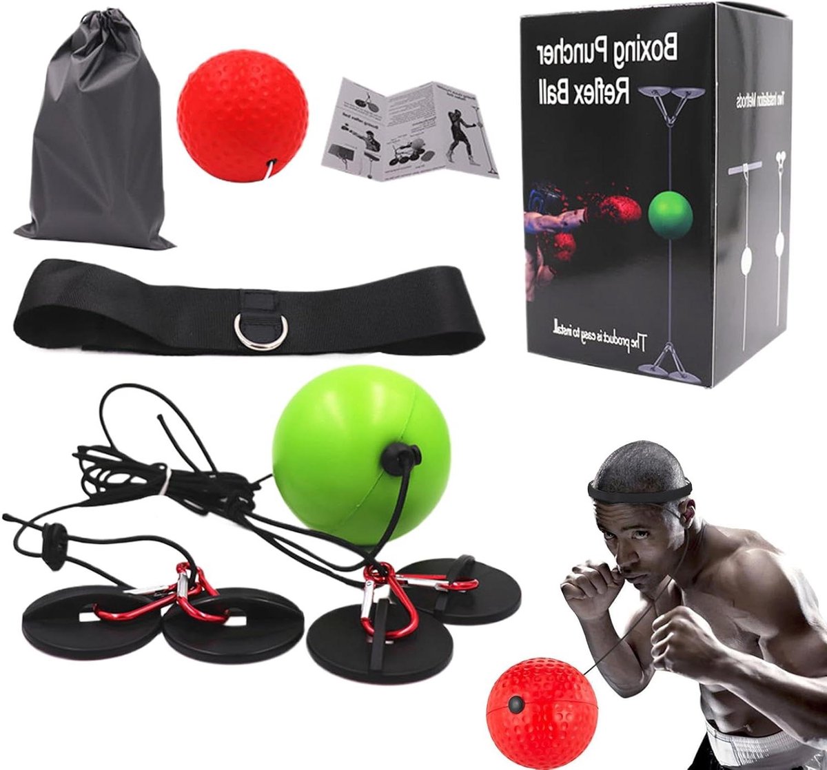 Boksreflexbal - Trainingsbal - Reflexen Trainen - Verstelbare Hoofdband - 93cm Breed - Zwart