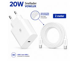 USB-C Adapter 20W Snellader + 2 Meter Gevlochten USB-C naar USB-C Kabel – Fast Charge Oplader Set – Nylon Braided USB C Charger Geschikt voor iPhone 15 16 17 iPad Samsung Tablet Telefoon