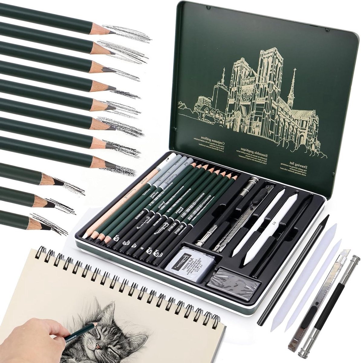 Set van 19 Schetspotloden voor Creatieve Tekeningen en Illustraties, Professionele Kwaliteit
