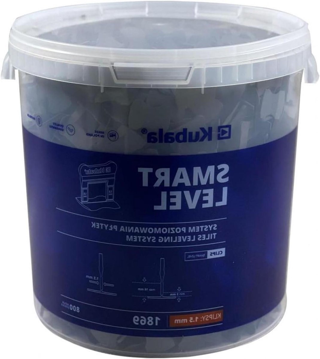 Kubala Tegel Nivelleersysteem – 800 Clips met 1,5 mm Afstandhouders – Voor Tegeldiktes 3–16 mm – Inclusief 20L Emmer – Voor Wand- en Vloertegels
