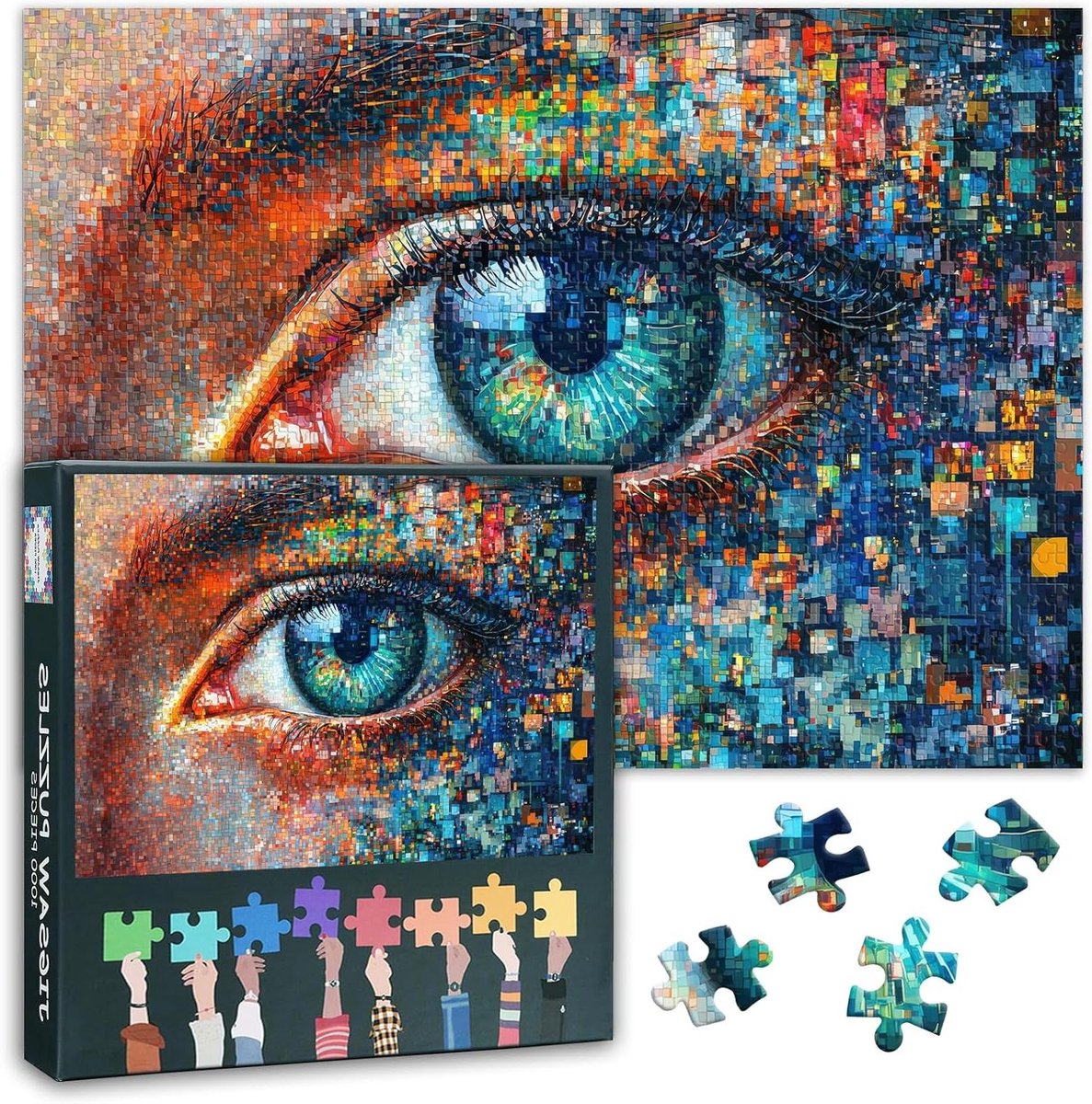 Puzzels voor volwassenen, 1000 stuks, mozaïek oog, abstracte puzzel (70 x 50 cm), futuristisch thema, blauwe scholieren, uitdagende puzzel, 1000 stukjes, familiespel voor mannen en vrouwen