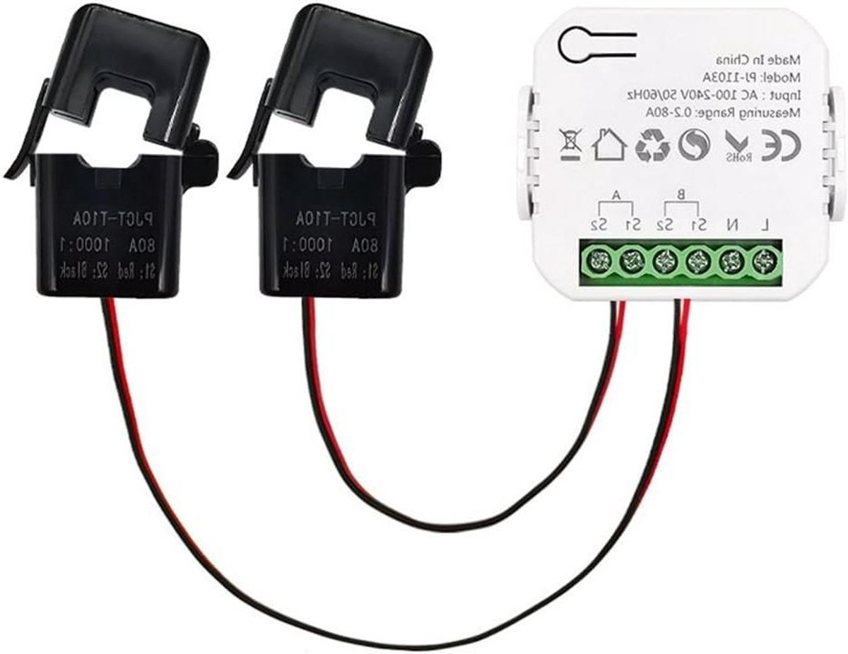 Tuya Smart WiFi Energiemeter Bidirectioneel met Stroomtransformator App Monitor Vermogen 80A Ondersteuning Alarm 2 Kanalen - 2CT