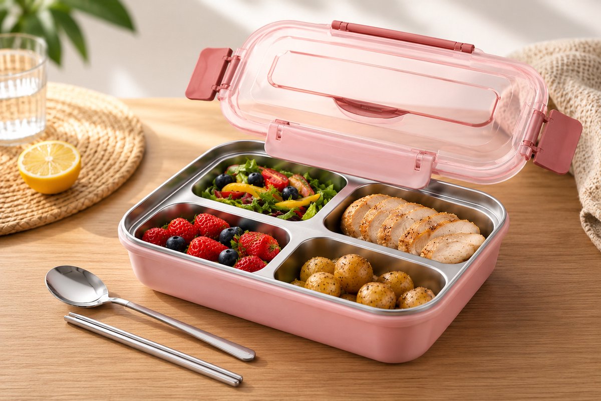 Dutchers® Lunchbox Roestvrij Staal – incl. Bestekset - BPA-vrij – Met Deksel, Bestekvak & Telefoonhouder - Bento Box – Roze RVS Broodtrommel voor Kinderen & Volwassenen – - Mealprep - Duurzame Lunchdoos voor School & Werk - Roze