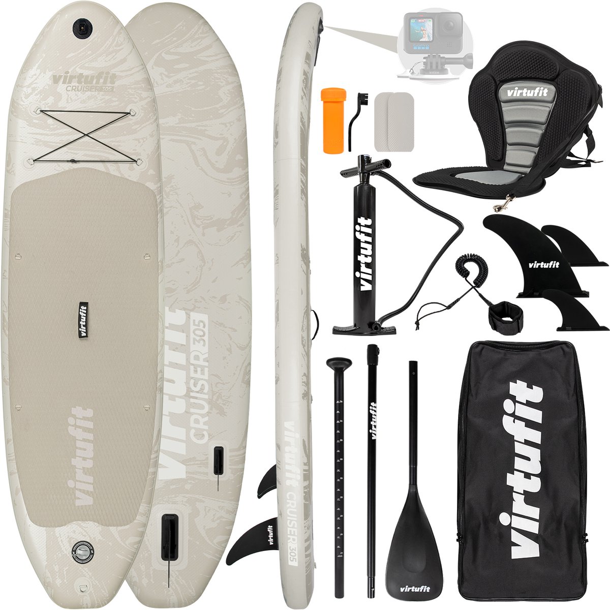 Bol.com VirtuFit Cruiser Opblaasbaar SUP Board 305 cm - Max. 180 kg - Complete Set - Incl. Kajak Zitje, Peddel, Pomp, Tas & GoPr... aanbieding
