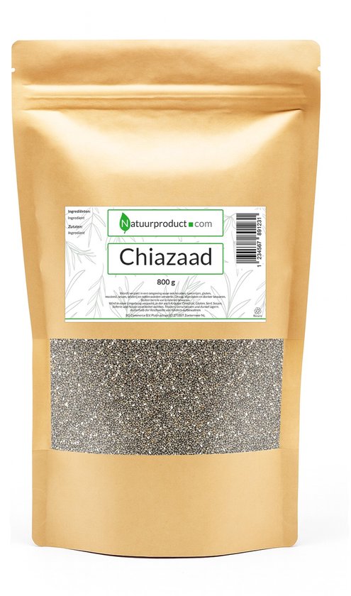 Bruine zak met Natuurproduct.com chiazaad. Zak toont "Chiazaad 800g" en ingrediënten.